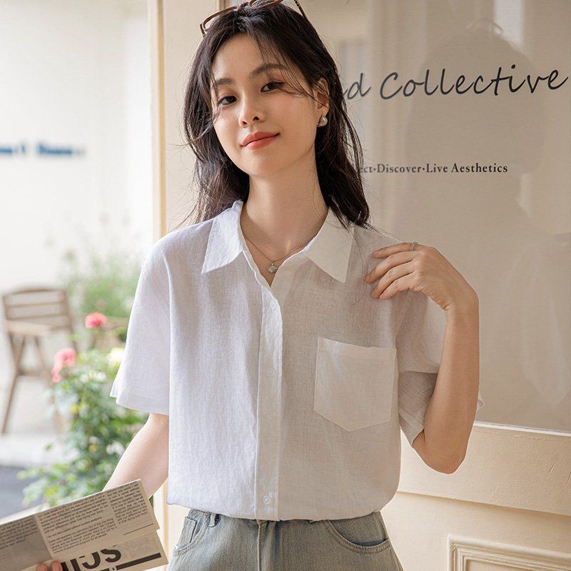 봄 여름 여성 카라넥 반팔셔츠 루즈핏 린넨라이크 데일리룩 캐주얼 남방 포켓 면티 - 상세 이미지 2