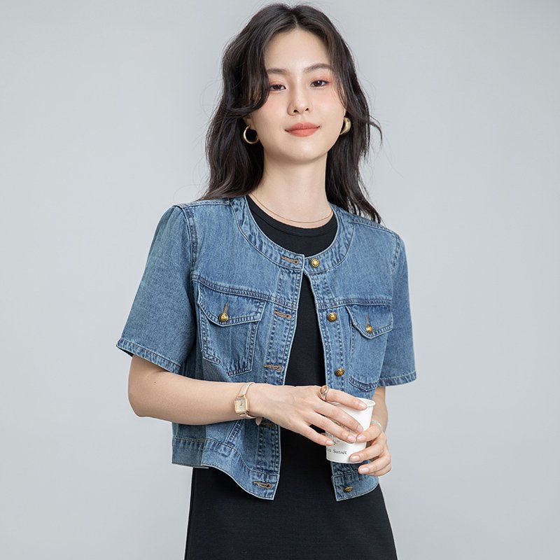 봄 여름 여성 라운드넥 크롭자켓 반팔 슬림핏 데님 데일리룩 캐주얼 청자켓 투포켓 - 상세 이미지 4