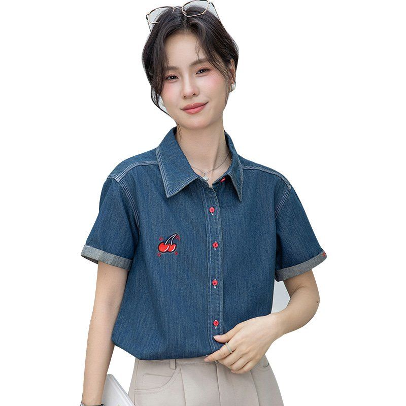 봄 여름 여성 브이넥 반팔셔츠 루즈핏 체리자수 데님 데일리룩 캐주얼 남방 면티 - 상세 이미지 5