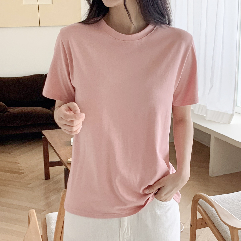 여성무지티셔츠 모달반팔티 레이어드 이너 핑크 흰티 - 상품 이미지