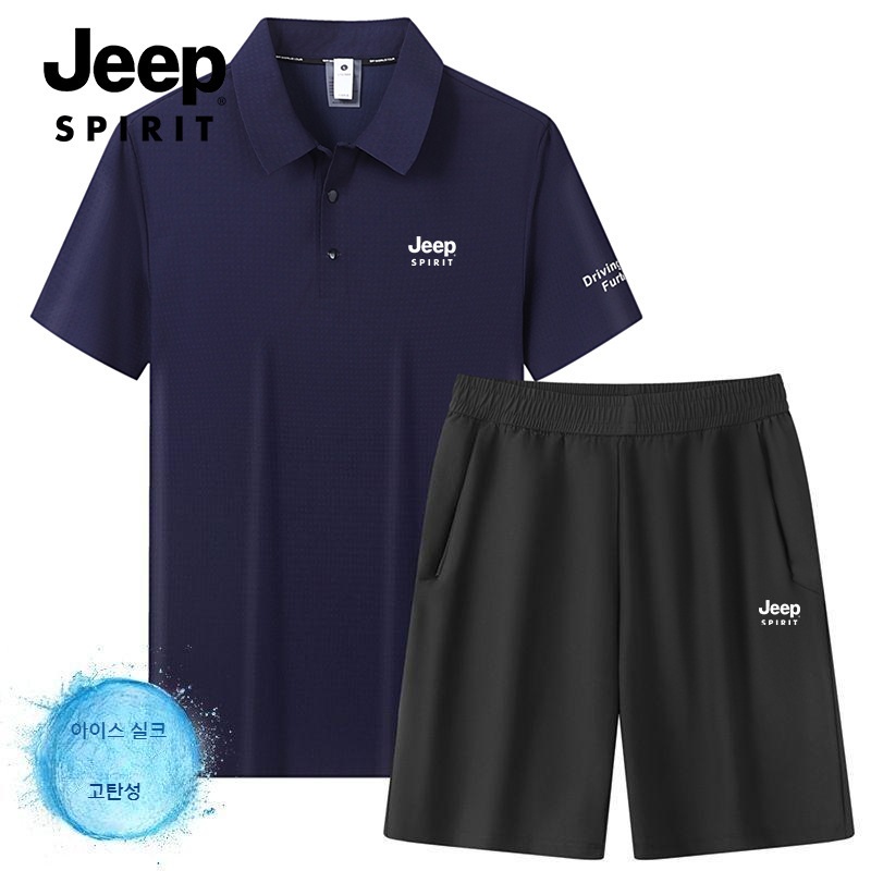 JEEP 지프 남성용 아이스 실크 야외 레저 티셔츠 반바지 세트 트레이닝복 - 상품 이미지