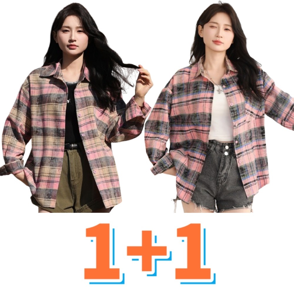 1+1 봄 가을 여성 체크 셔츠 루즈핏 긴팔 외투 01. M (45-57.5kg) - 상품 이미지