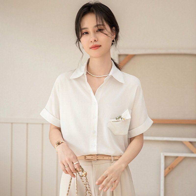 여성셔츠 브이넥 반팔 루즈핏 포켓자수 봄 여름 데일리룩 캐주얼 남방 면블라우스 - 상세 이미지 2