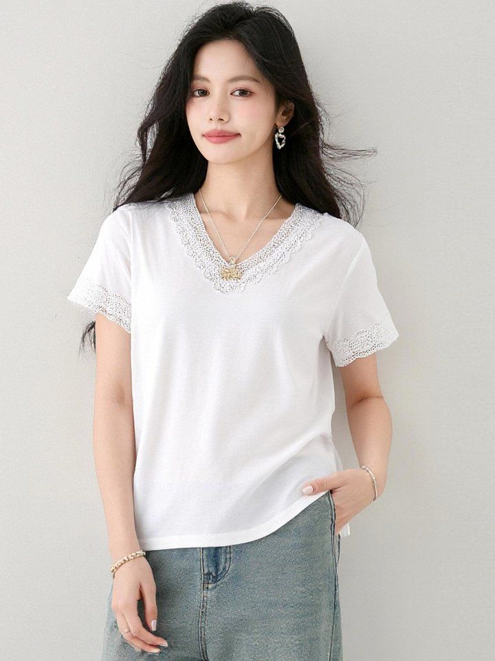 봄 여름 여성 브이넥 레이스티셔츠 반팔 루즈핏 데일리룩 시스루 캐주얼 면티셔츠 - 상세 이미지 4