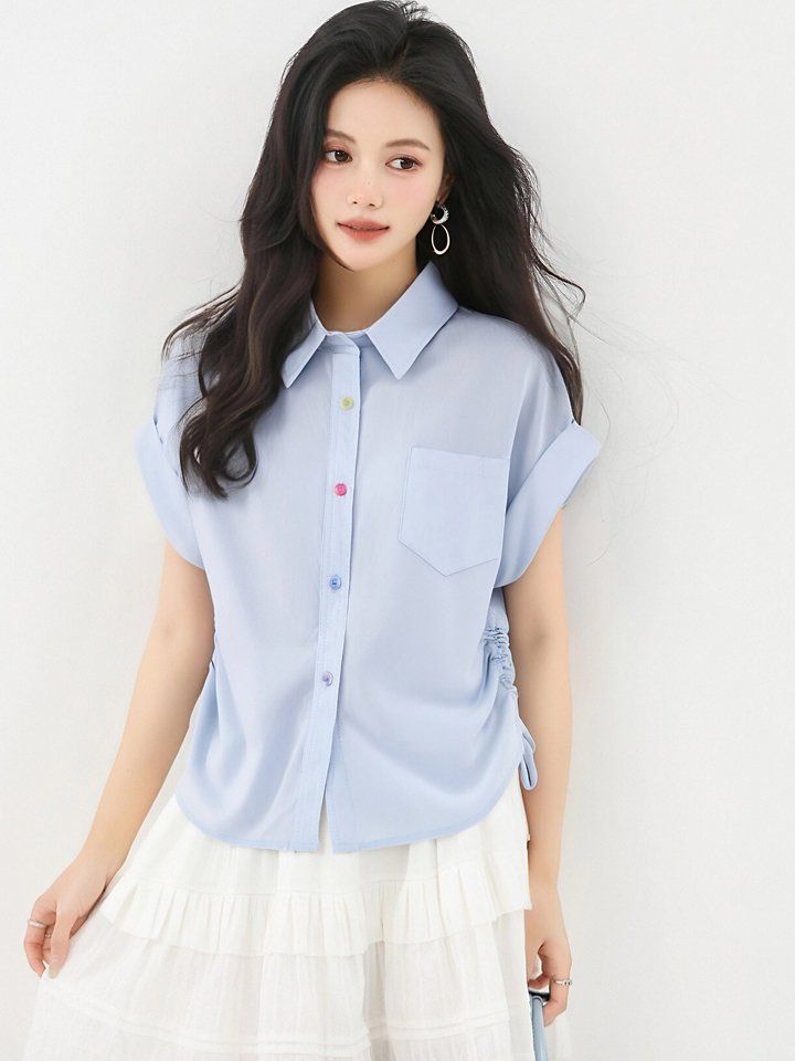 봄 여름 여성 카라넥 반팔셔츠 사이드셔링 루즈핏 데일리룩 오피스룩 면티 포켓셔츠 - 상세 이미지 3