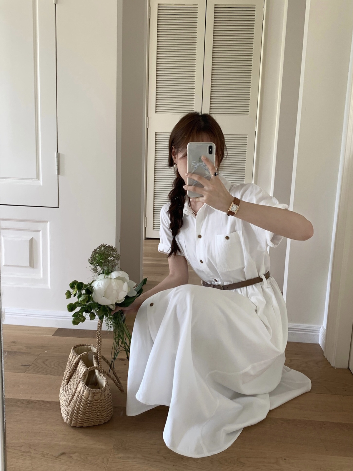 오버무드 여름 빅 포켓 롤업 벨트 하객룩 휴양룩 셔링 A라인 셔츠 롱 원피스 2color