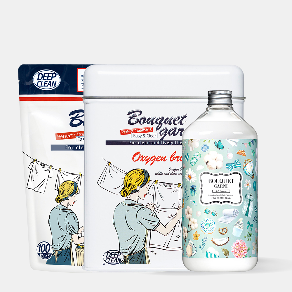 [세탁 SET] 초고농축 캡슐세제100개입+섬유유연제 1L+표백제 1kg - 상품 이미지
