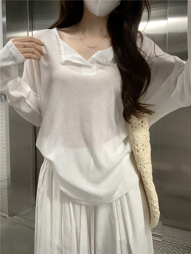 오버무드 여름 긴팔 시스루 루즈핏 살안타 헨리넥 카라 에어컨 긴팔티 - 상품 이미지