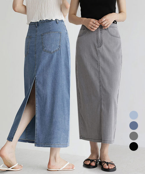[숏/기본/~2XL] 쿨리오셀 뒷트임 데님 롱 스커트_264644 - 상품 이미지