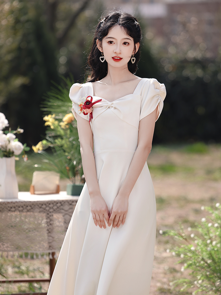 연회장원피스 연회장드레스 피로연 돌잔치 2부 파티복 셀프웨딩 상견례 예복 A 미디 기장 S - 상품 이미지