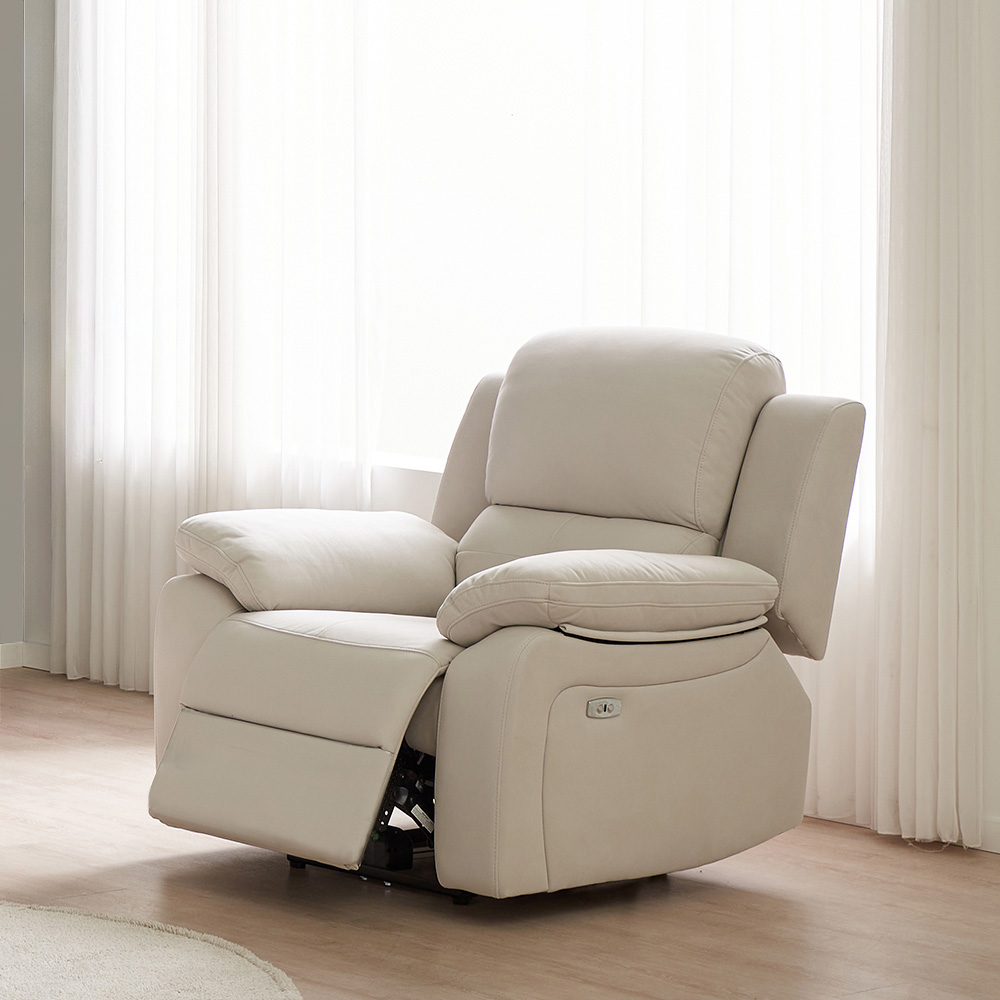 스코나 마넌트 아쿠아텍스 패브릭 전동 리클라이너 소파 스툴미포함, 크림베이지, 1인용