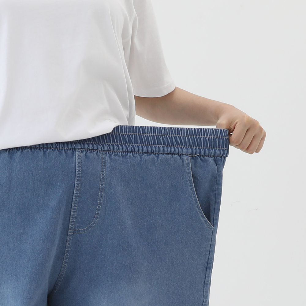 예쁜 자수 패치 중년여성 스판 여름 밴딩 5부 데님팬츠 50대 여성 반바지 빅사이즈 - 상세 이미지 5