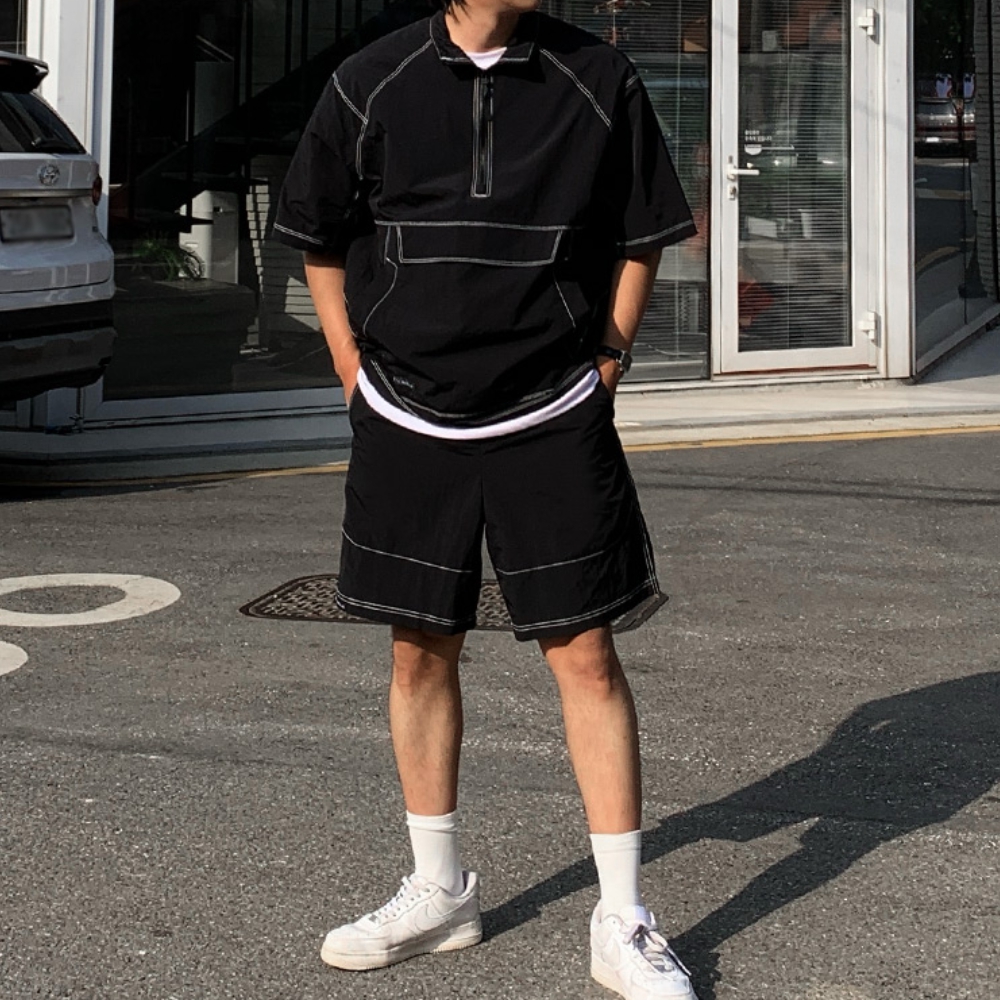 남자 캔맨 여름 나일론 스티치 아노락 반팔 반바지 트레이닝 셋업 세트 - 상세 이미지 3