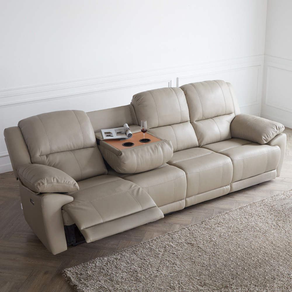 스코나 생트마리 이태리 천연 면피가죽 리클라이너 소파 스툴미포함, 진베이지, 4인용