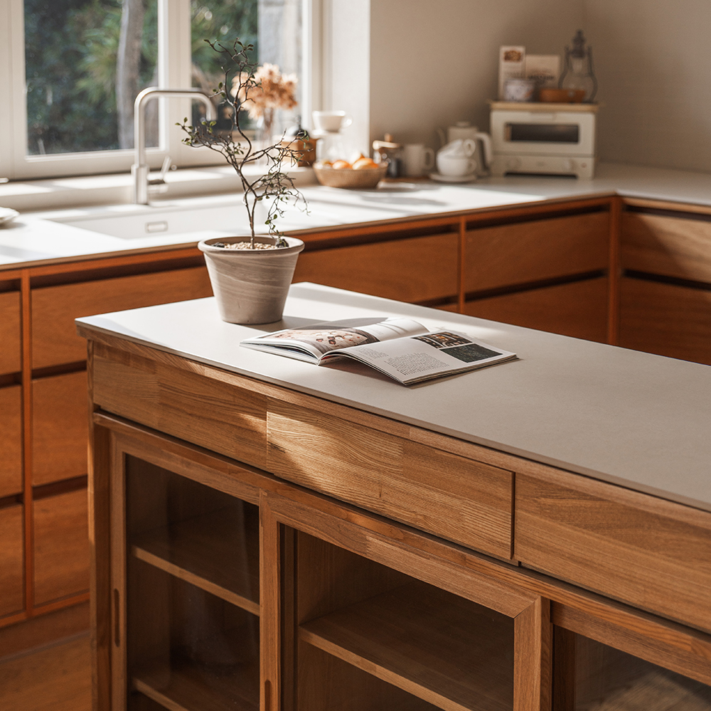 번드 유메 포세린 세라믹 원목 아일랜드 식탁 슬림형