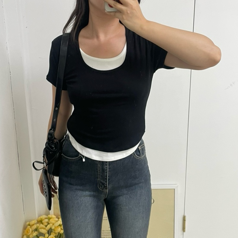 이중레이어드반팔 굴림티셔츠