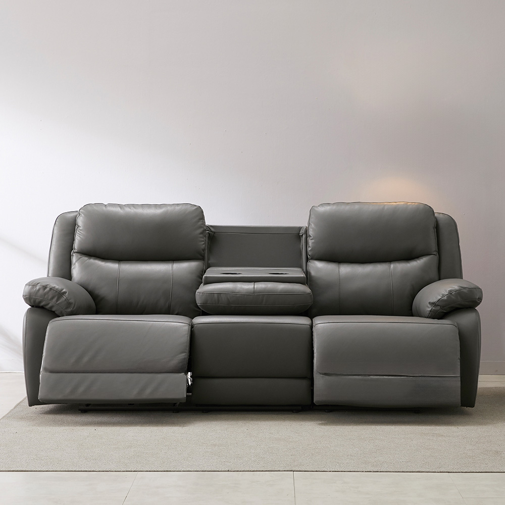 스코나 페리스 올나파 가죽 컵홀더 전동 리클라이너 소파 스툴미포함, 그레이, 3인용