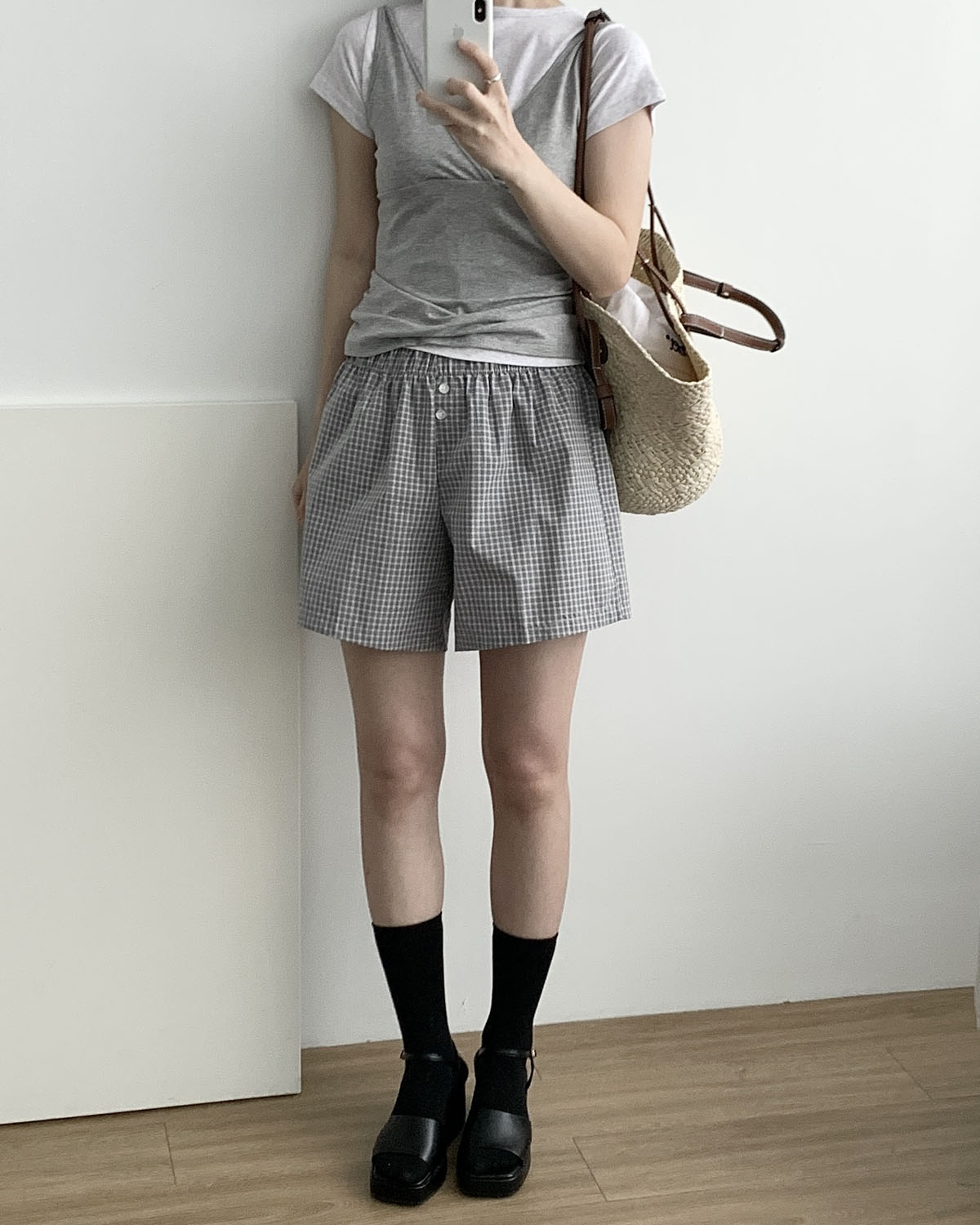 [블랙당일] 체크 밴딩숏츠 레이어드 3부 파마자 트렁크 반바지 웨어링무드 (2c) 이미지 6
