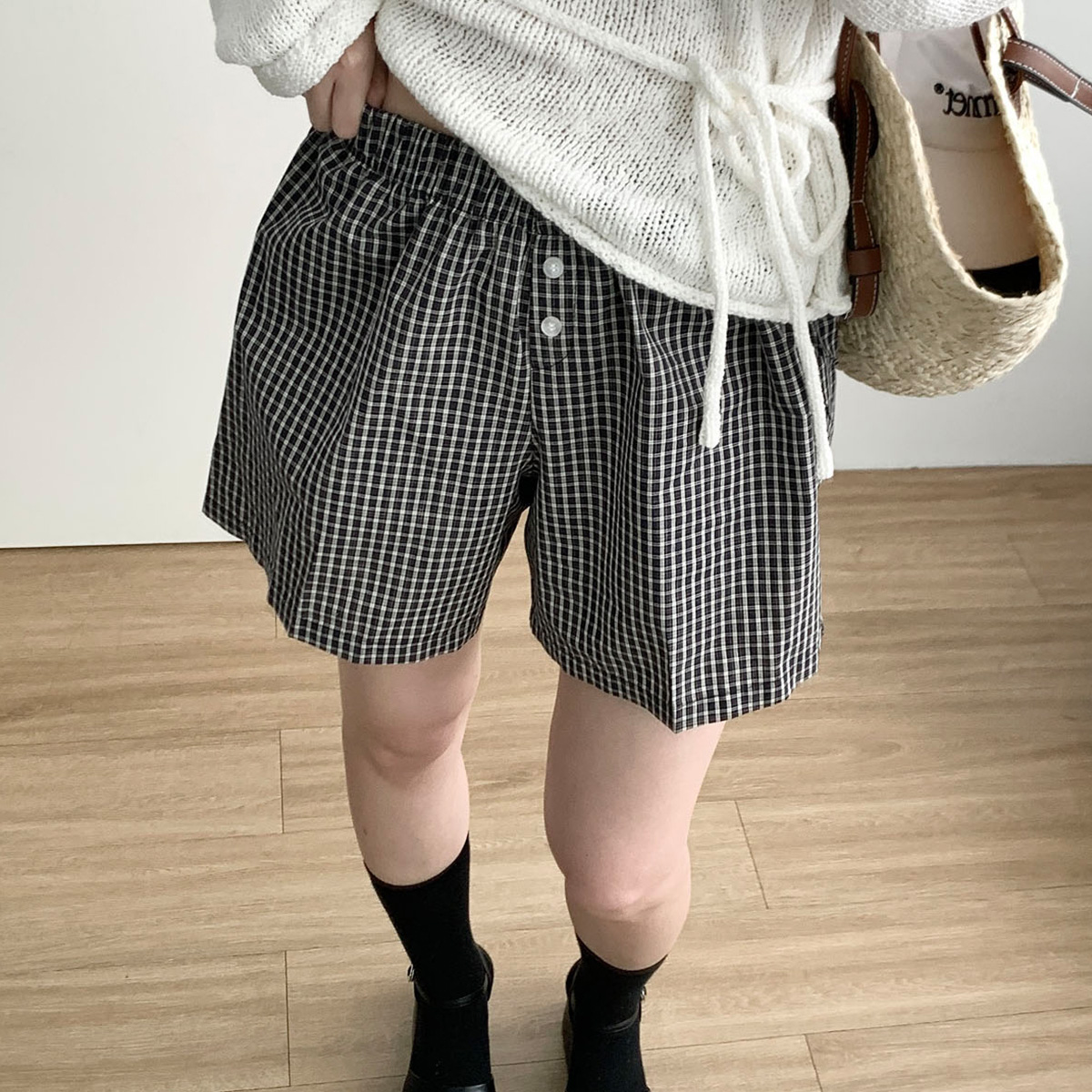 [블랙당일] 체크 밴딩숏츠 레이어드 3부 파마자 트렁크 반바지 웨어링무드 (2c) - 상품 이미지