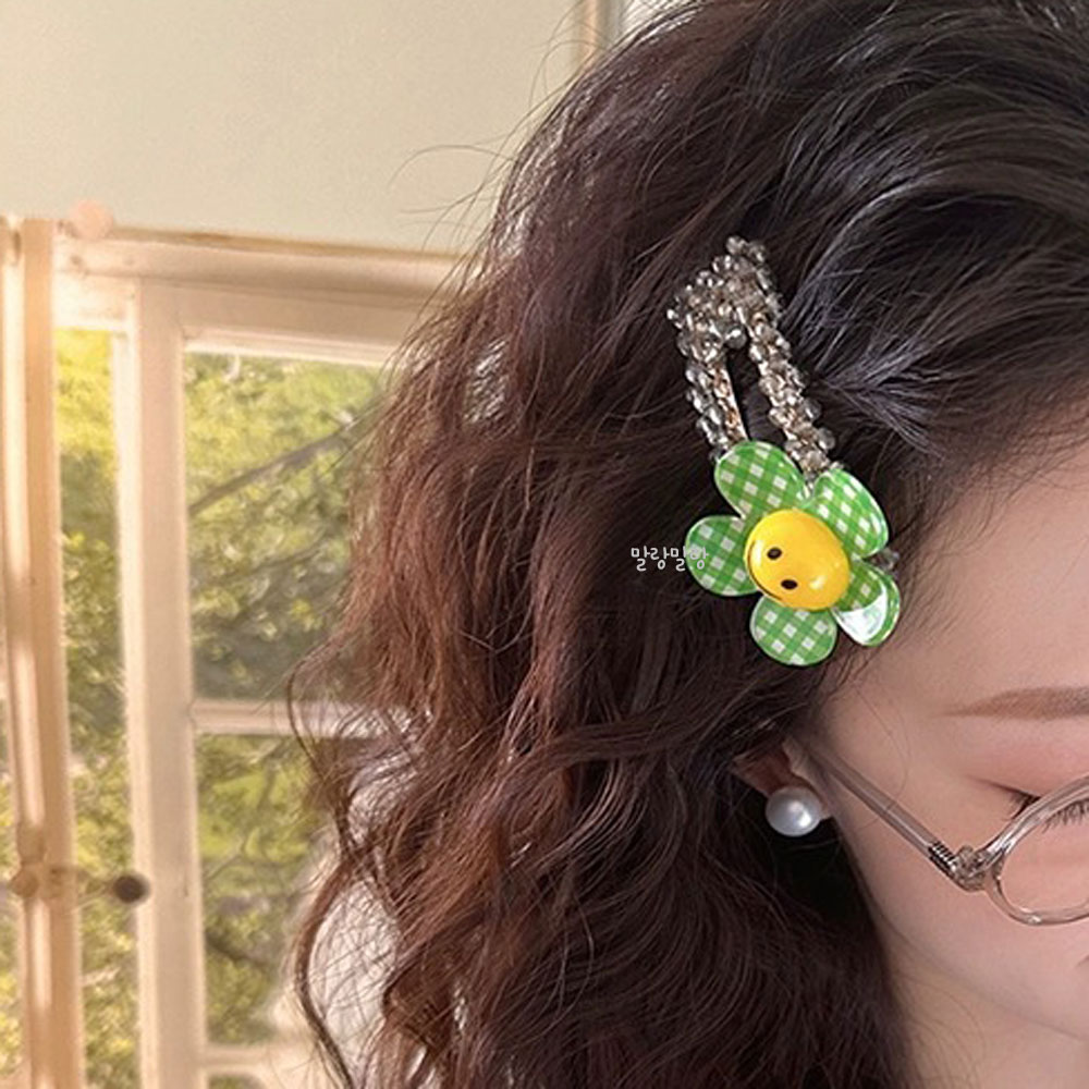 체크 데이지 꽃 머리핀 귀여운 큐빅 똑딱삔 스마일 헤어핀 - 상세 이미지 2