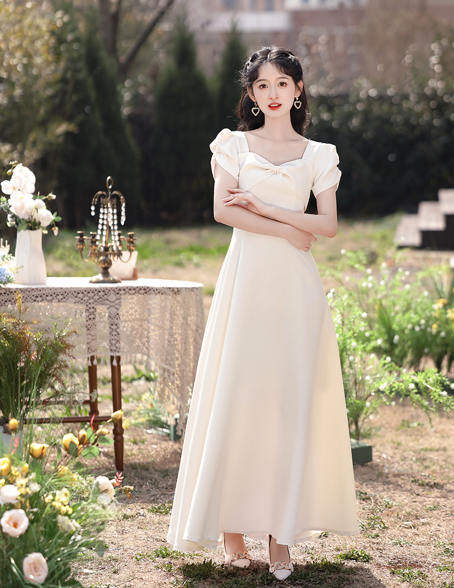 연회장원피스 연회장드레스 피로연 돌잔치 2부 파티복 셀프웨딩 상견례 예복 A 미디 기장 S - 상세 이미지 2