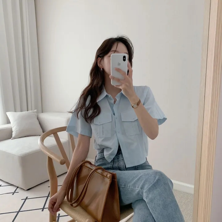 오버무드 여름 롤업 반팔 사이드 빅 포켓 크롭 카라 셔츠 2color - 상세 이미지 3