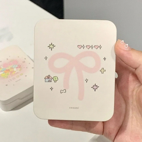 핑크 리본 틴케이스 미니 소품정리함 철제케이스 사각 빈티지 정리통 굿즈 - 상세 이미지 3