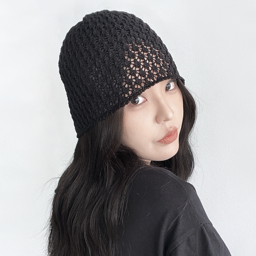 그물 펀칭 니트 두건 비니 여성 여름 얇은 면 뜨개 숏비니 - 상세 이미지 2