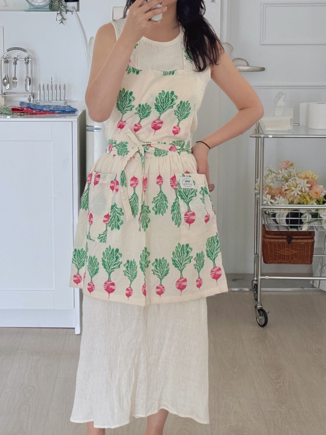 허리 앞치마 하프 에이프런 콜라비 대파 패턴 주방 요리 카페 신혼 선물