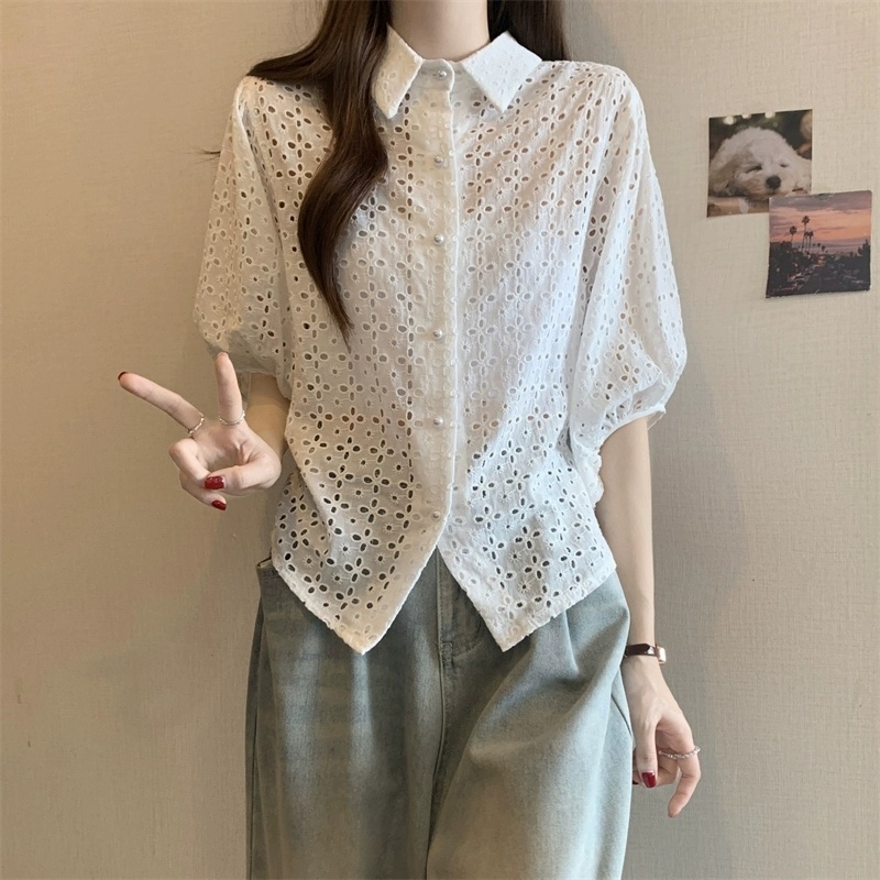 우아룩 5부볼륨소매 카라넥 펀칭블라우스 허리끈 코튼 셔츠블라우스 여름스트릿패션 - 상세 이미지 2
