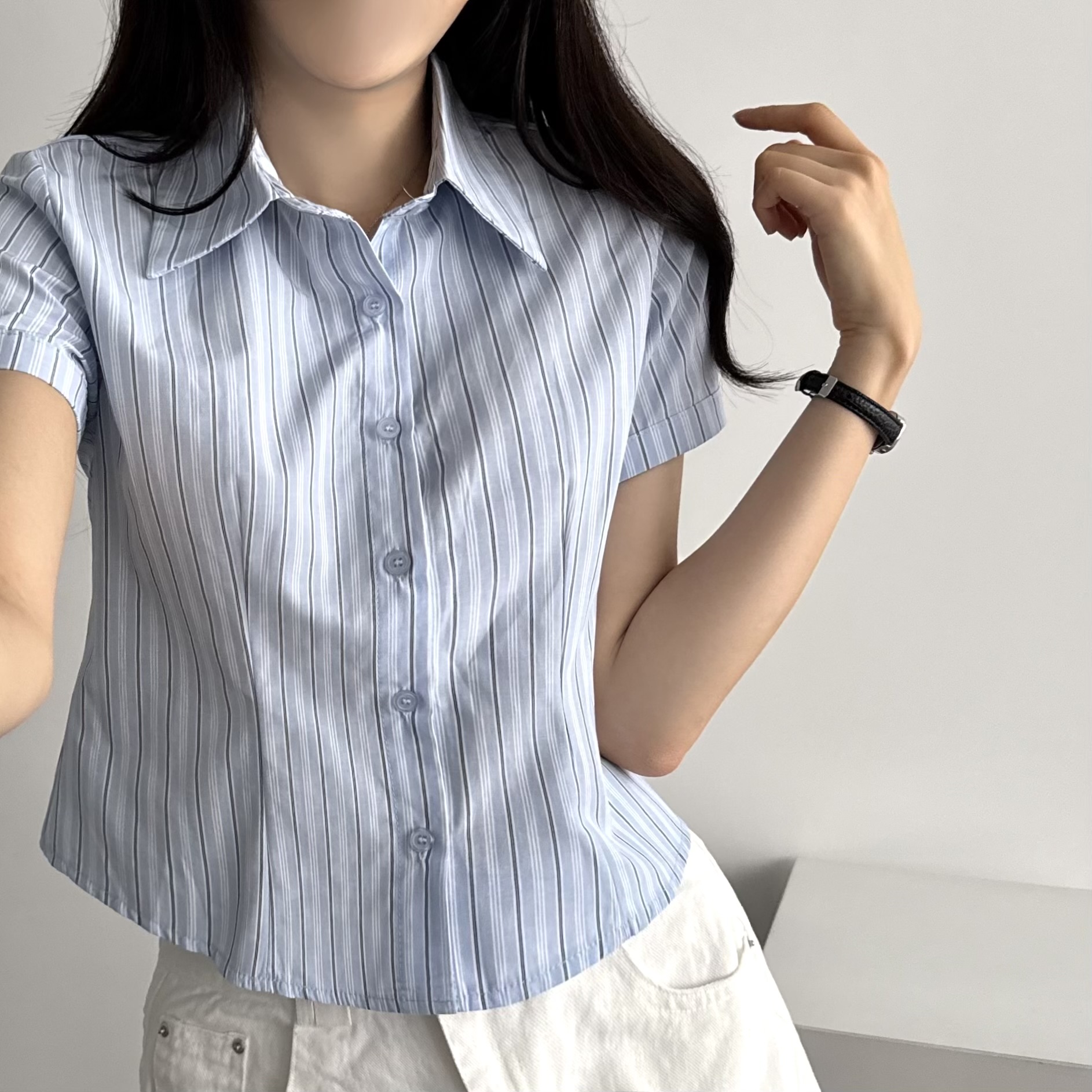 여름 지지미 시어서커 반팔 스트라이프 셔츠 거즈 크롭 남방