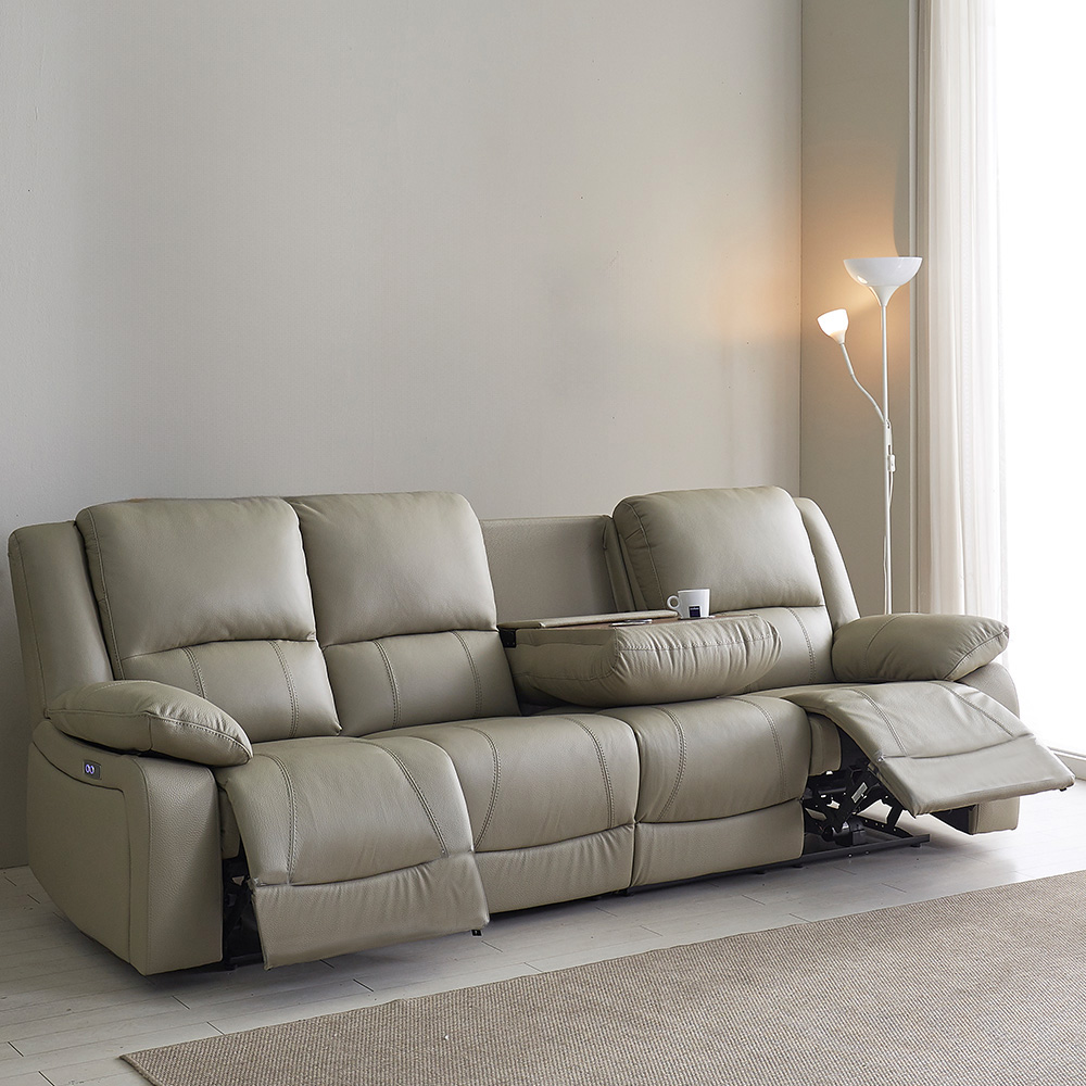 스코나 에스펀 천연 황소 통가죽 전동 리클라이너 소파 스툴미포함, 진베이지, 4인용