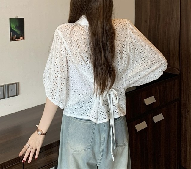 우아룩 5부볼륨소매 카라넥 펀칭블라우스 허리끈 코튼 셔츠블라우스 여름스트릿패션 - 상세 이미지 4