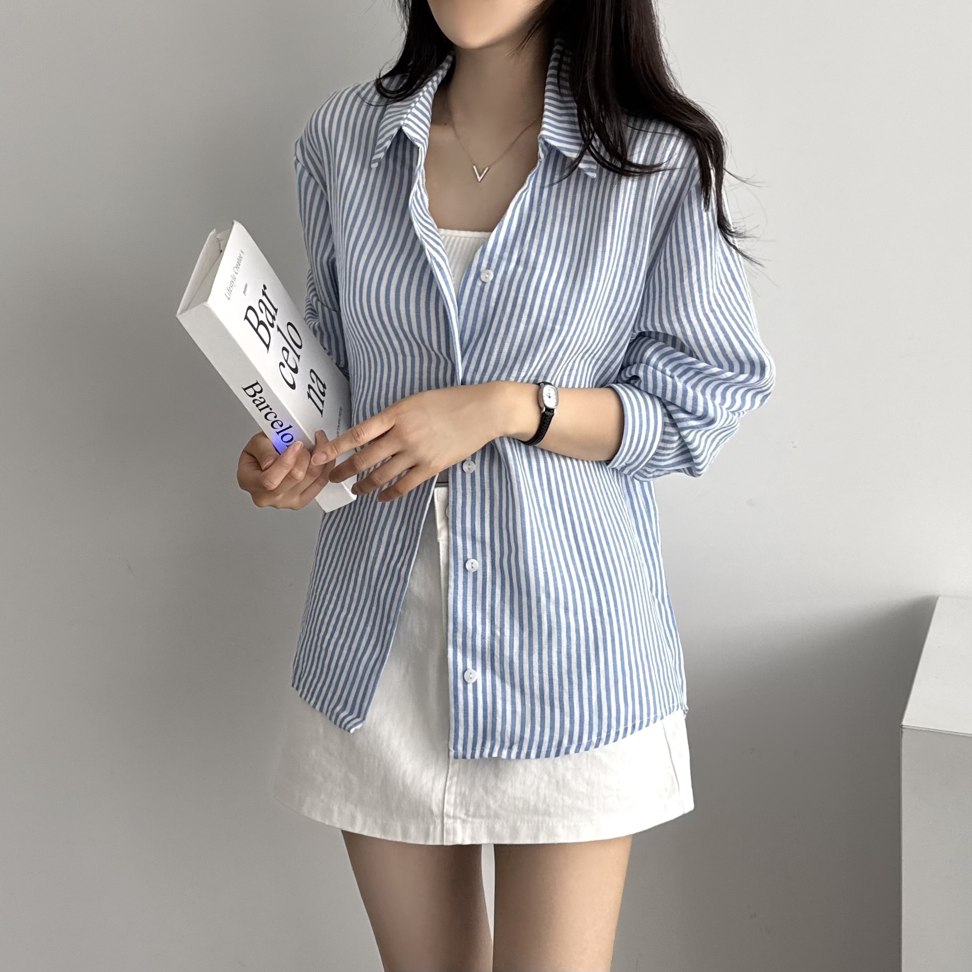 여름 긴팔 스트라이프 시어서커 셔츠 시스루 살안타템 거즈 남방