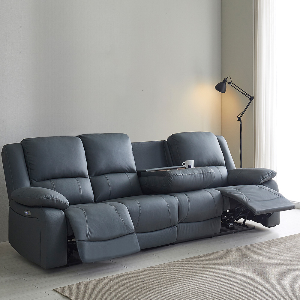 스코나 에스펀 천연 황소 통가죽 전동 리클라이너 소파 스툴미포함, 다크네이비, 4인용