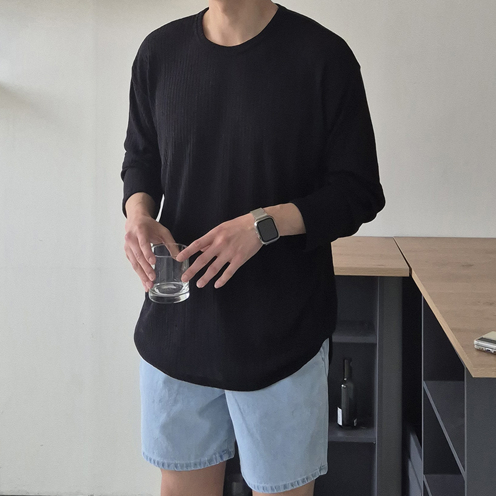 남자 여름긴팔티 오버핏 여름 바캉스 남성 린넨 티셔츠 - 메인 이미지