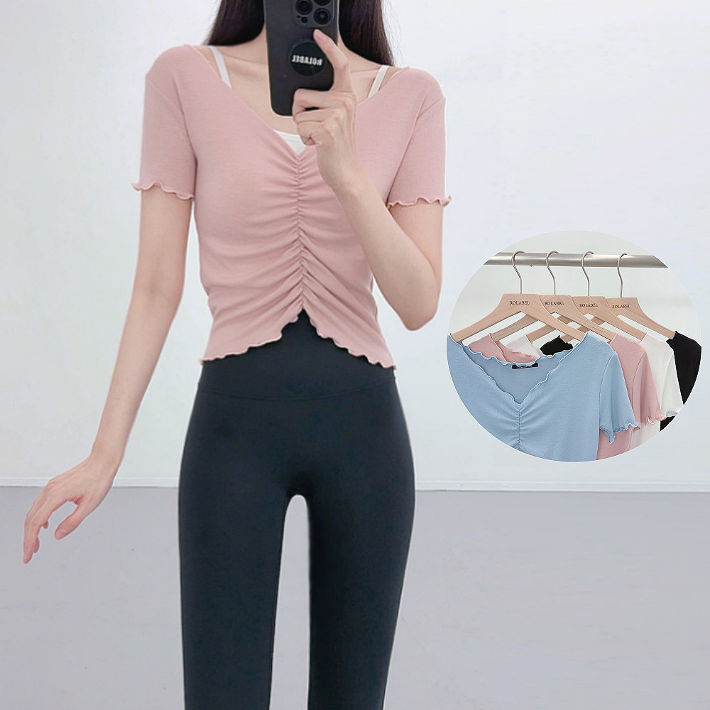 필라테스복 여성 요가복 필라테스복장 필라테스상의 애슬레저 반팔 요가옷 - 상품 이미지