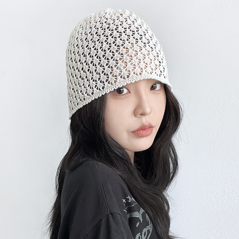 그물 펀칭 니트 두건 비니 여성 여름 얇은 면 뜨개 숏비니