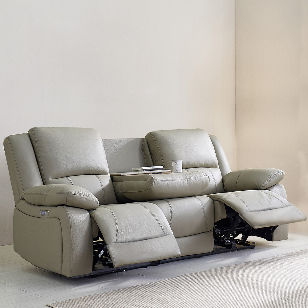 스코나 에스펀 천연 황소 통가죽 전동 리클라이너 소파 스툴미포함, 진베이지, 3인용