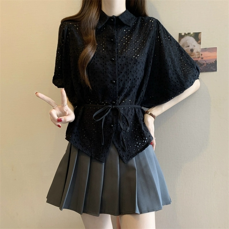 우아룩 5부볼륨소매 카라넥 펀칭블라우스 허리끈 코튼 셔츠블라우스 여름스트릿패션 이미지 6