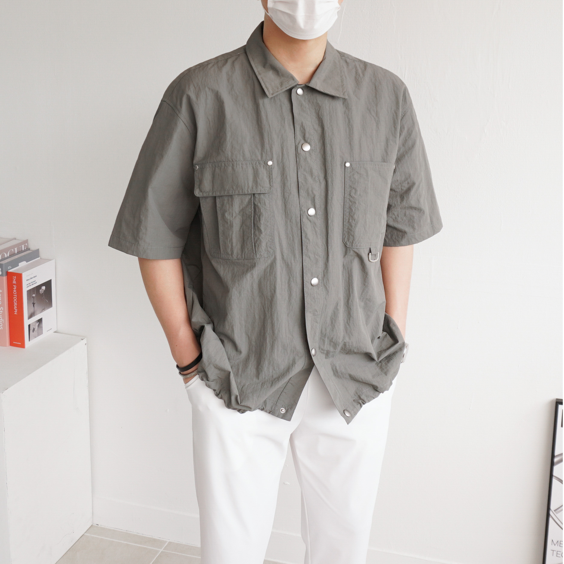 남자 리벳 장마 방수 오버핏 여름 나일론 반팔 셔츠 - 상세 이미지 3