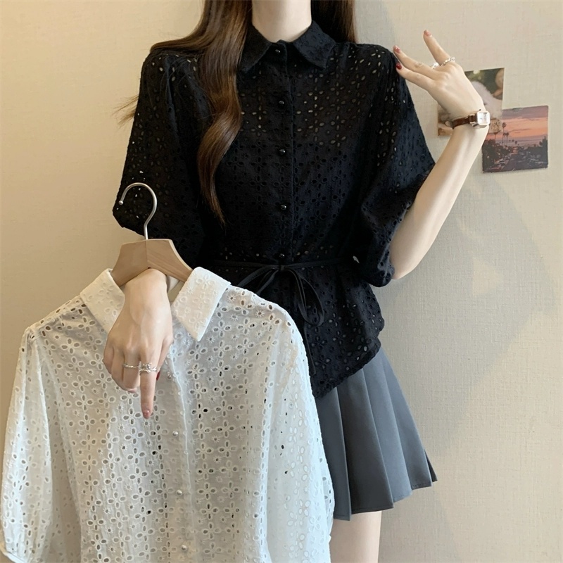 우아룩 5부볼륨소매 카라넥 펀칭블라우스 허리끈 코튼 셔츠블라우스 여름스트릿패션 - 상세 이미지 5