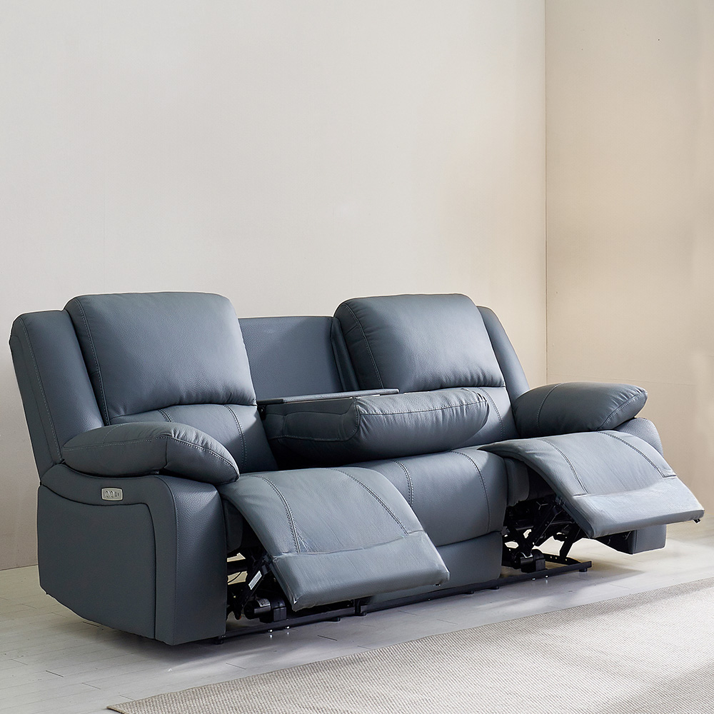 스코나 에스펀 천연 황소 통가죽 전동 리클라이너 소파 스툴미포함, 다크네이비, 3인용