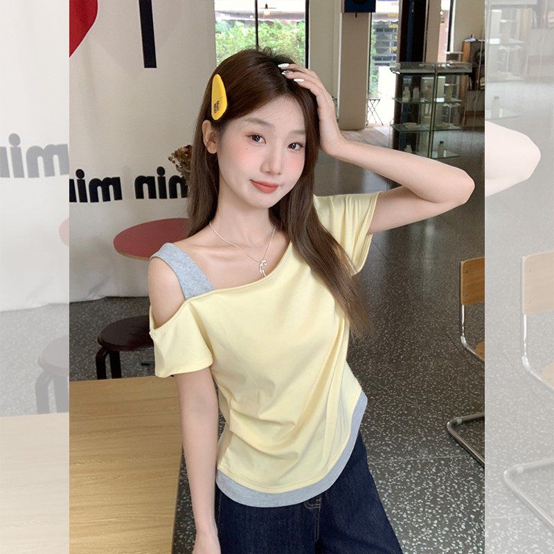 봄 여름 언발란스 오프숄더 반팔 티셔츠 레이어드룩 배색 데일리룩 캐주얼 면스판 티셔츠 - 상품 이미지