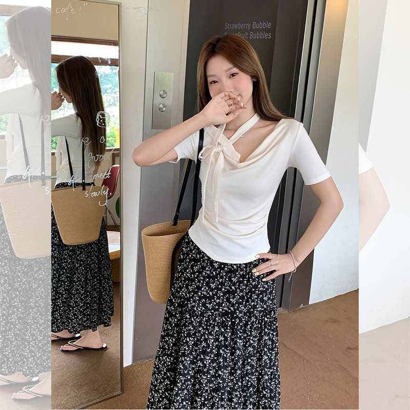 봄 여름 슬림핏 오프숄더 반팔 티셔츠 홀터넥 리본 데일리룩 페미닌룩 면혼방 티셔츠 - 상세 이미지 3
