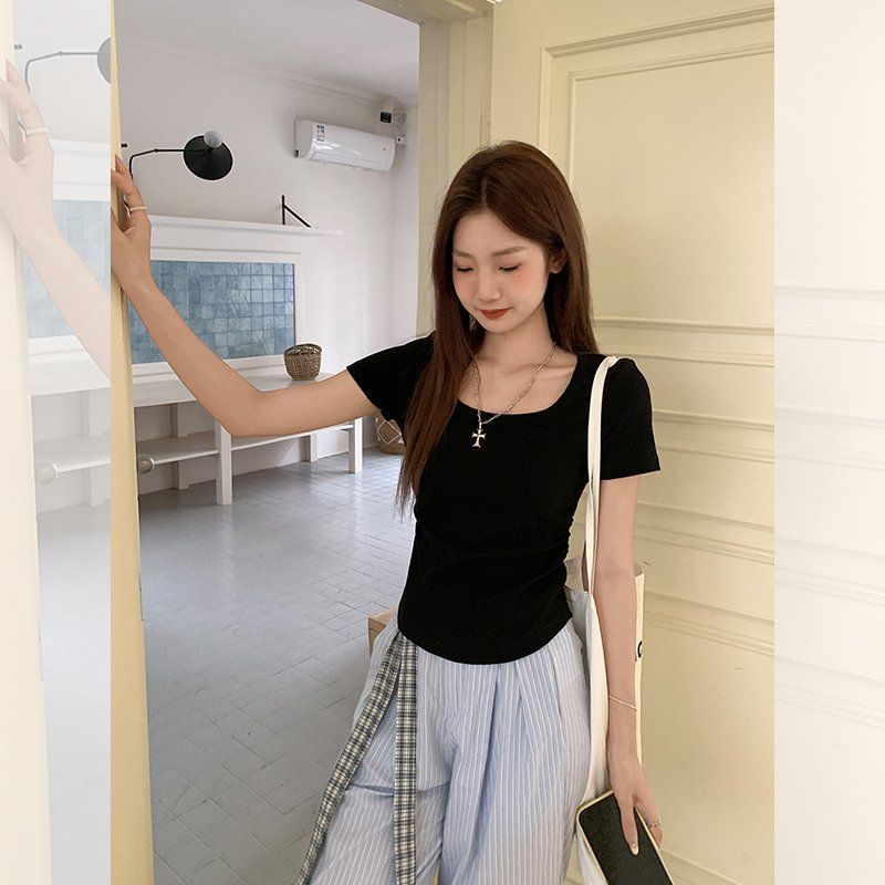 봄 여름 슬림핏 셔링 반팔 티셔츠 스퀘어넥 데일리룩 코리안 스타일 면스판 티셔츠 - 상세 이미지 4