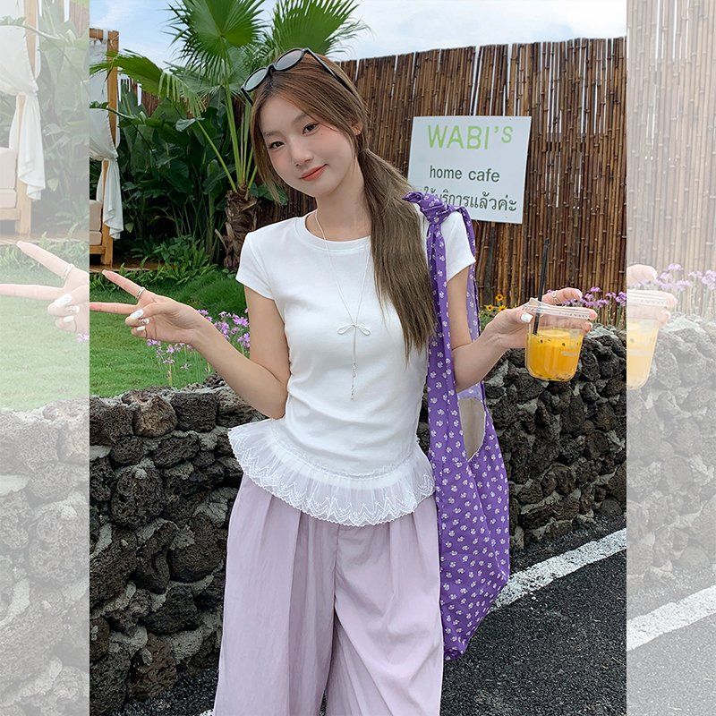 봄 여름 슬림핏 레이스 밑단 반팔 티셔츠 라운드넥 데일리룩 면스판 러블리 티셔츠 - 상세 이미지 4