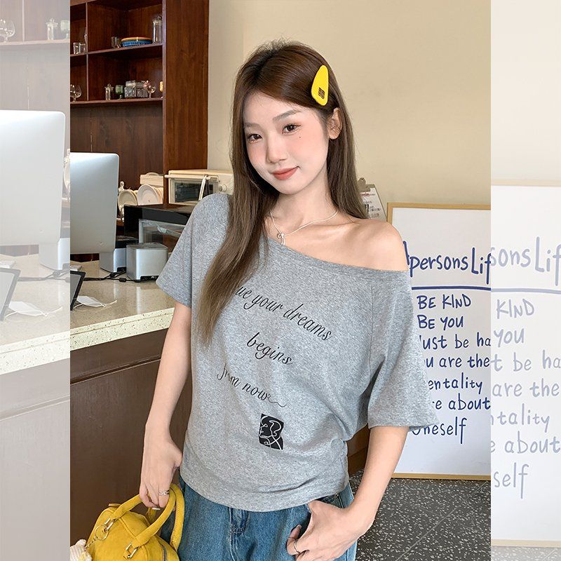 봄 여름 루즈핏 오프숄더 반팔 티셔츠 레터링 프린트 데일리룩 캐주얼 면스판 상의 - 상세 이미지 3