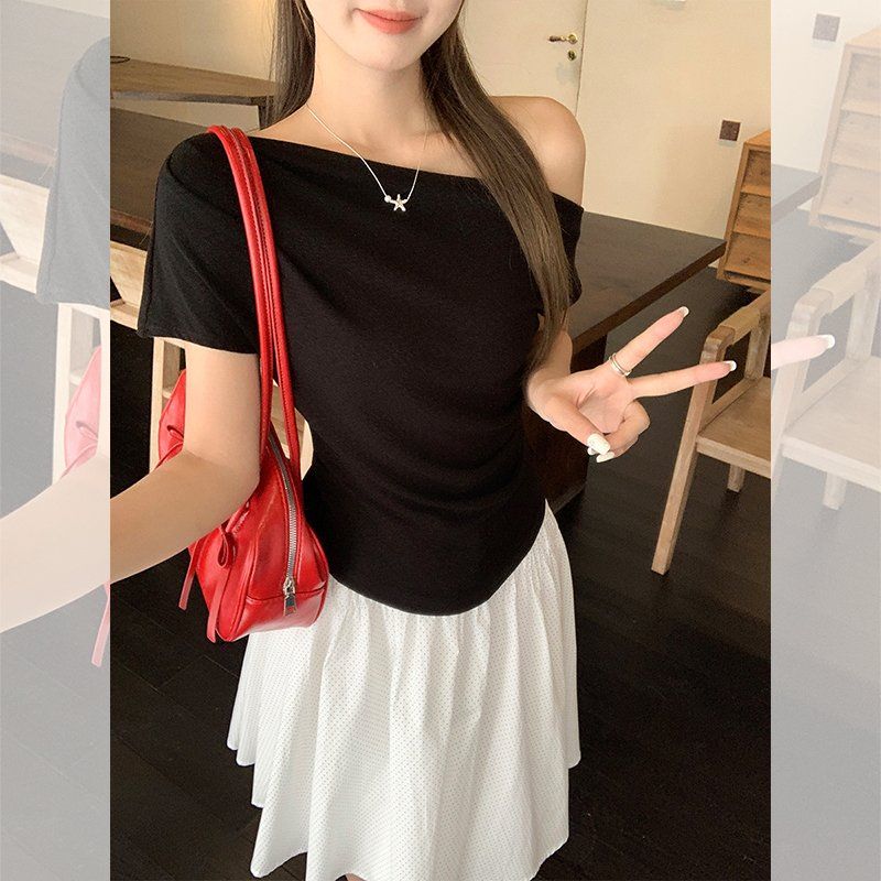 봄 여름 슬림핏 언발란스 오프숄더 반팔 티셔츠 데일리룩 코리안스타일 면혼방 티셔츠 - 상세 이미지 2