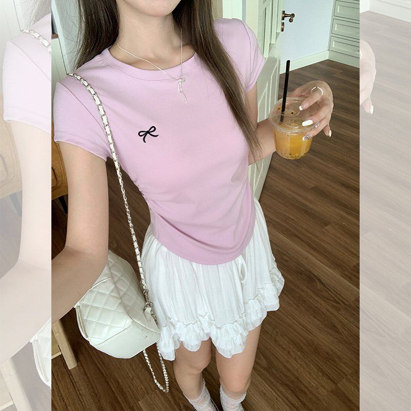 봄 여름 슬림핏 리본 자수 반팔 티셔츠 라운드넥 데일리룩 코리안스타일 면스판 티셔츠 - 상세 이미지 5